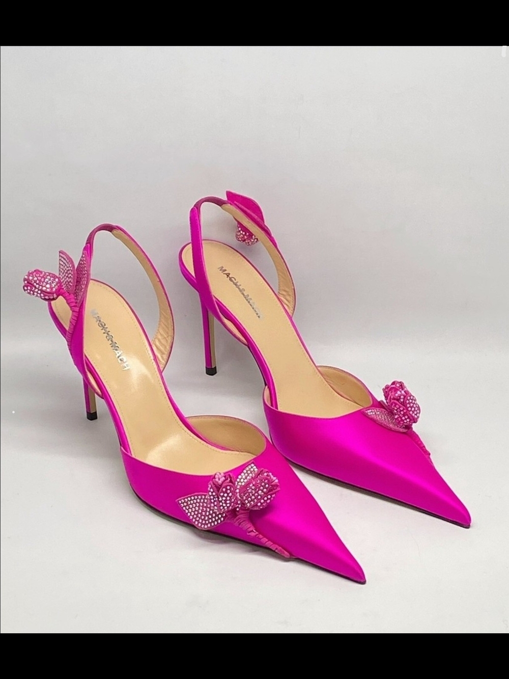 MACH & MACH Hot Pink Satin Pointed Slingback Heels with Crystal Bow